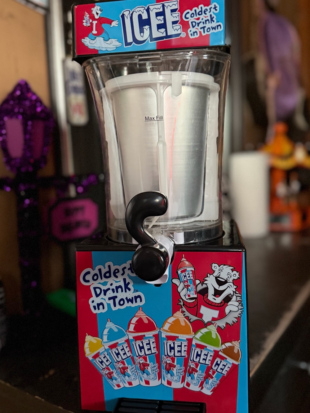 Ice Branded Slush Dispenser with Red and Blue Graphics